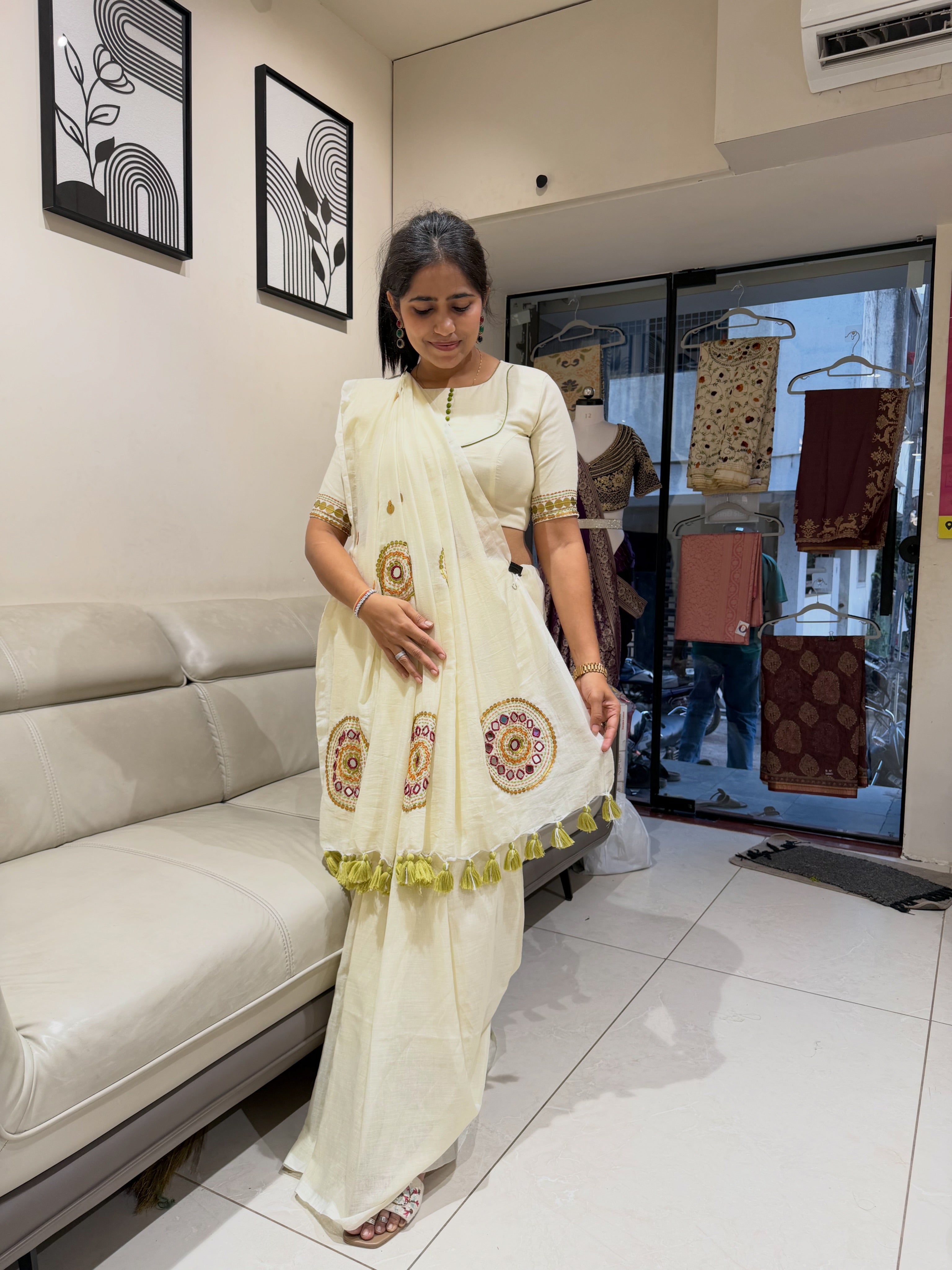 diwali 2026 saree trends – Ivory Khadi Cotton Saree with Hand Stitched Work & Blouse