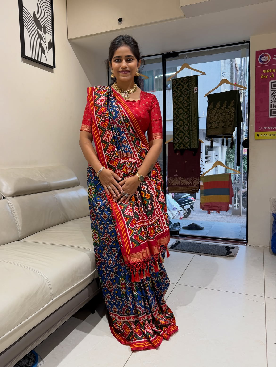 Gaji modal tissue soft silk sarees — Navy Blue and Red Patola-Inspired Silk Saree with Tassel Pallu