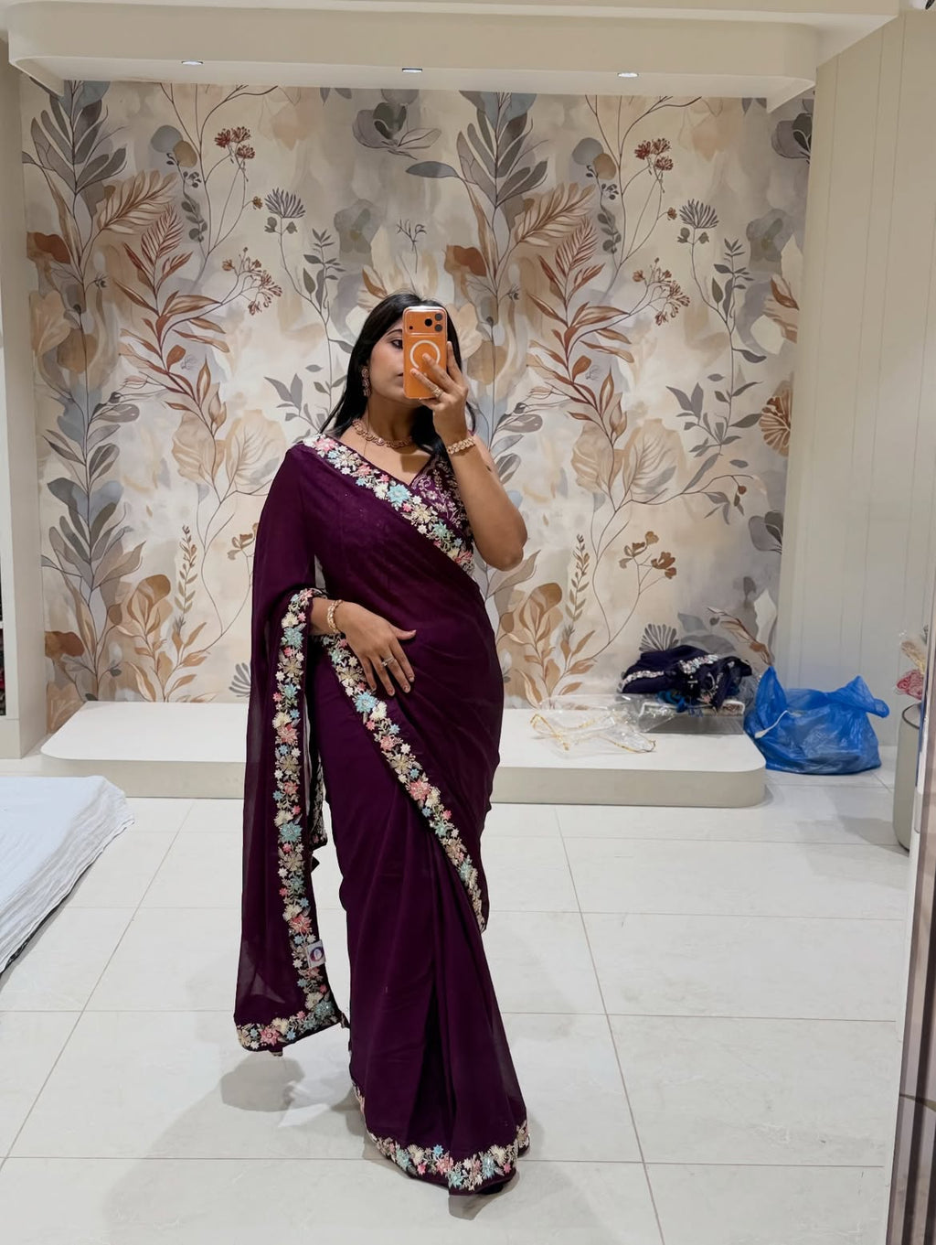 Georgette saree with handwork - view 16