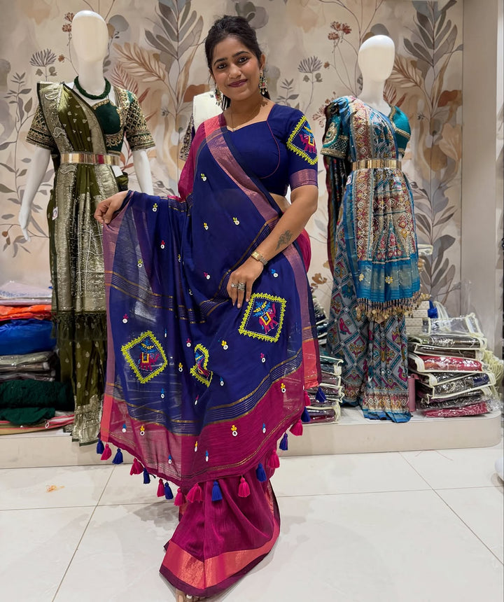 Handloom cotton saree with hand stitched work - view 1