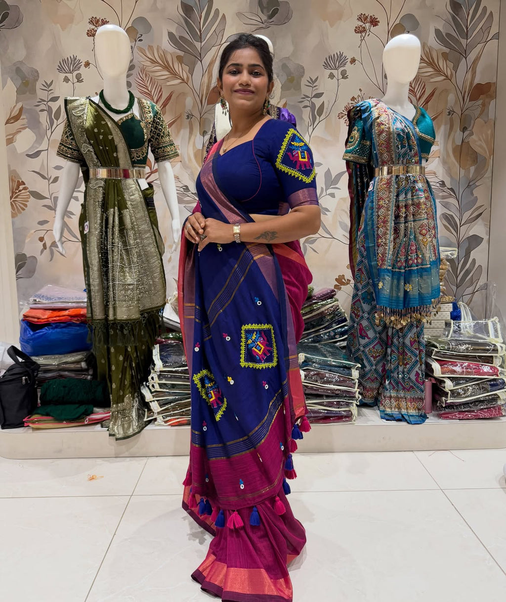 Handloom cotton saree with hand stitched work - view 10