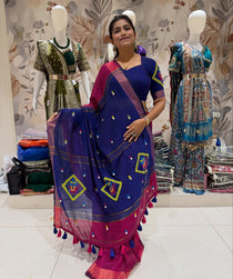 Handloom cotton saree with hand stitched work - view 2