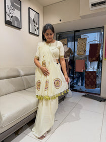 Ivory khadi cotton saree with hand stitched circular motifs and tassel edging - view 1