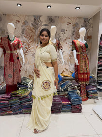 Ivory khadi cotton saree with hand stitched circular motifs and tassel edging - view 7
