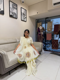 Ivory khadi cotton saree with hand stitched circular motifs and tassel edging - view 12