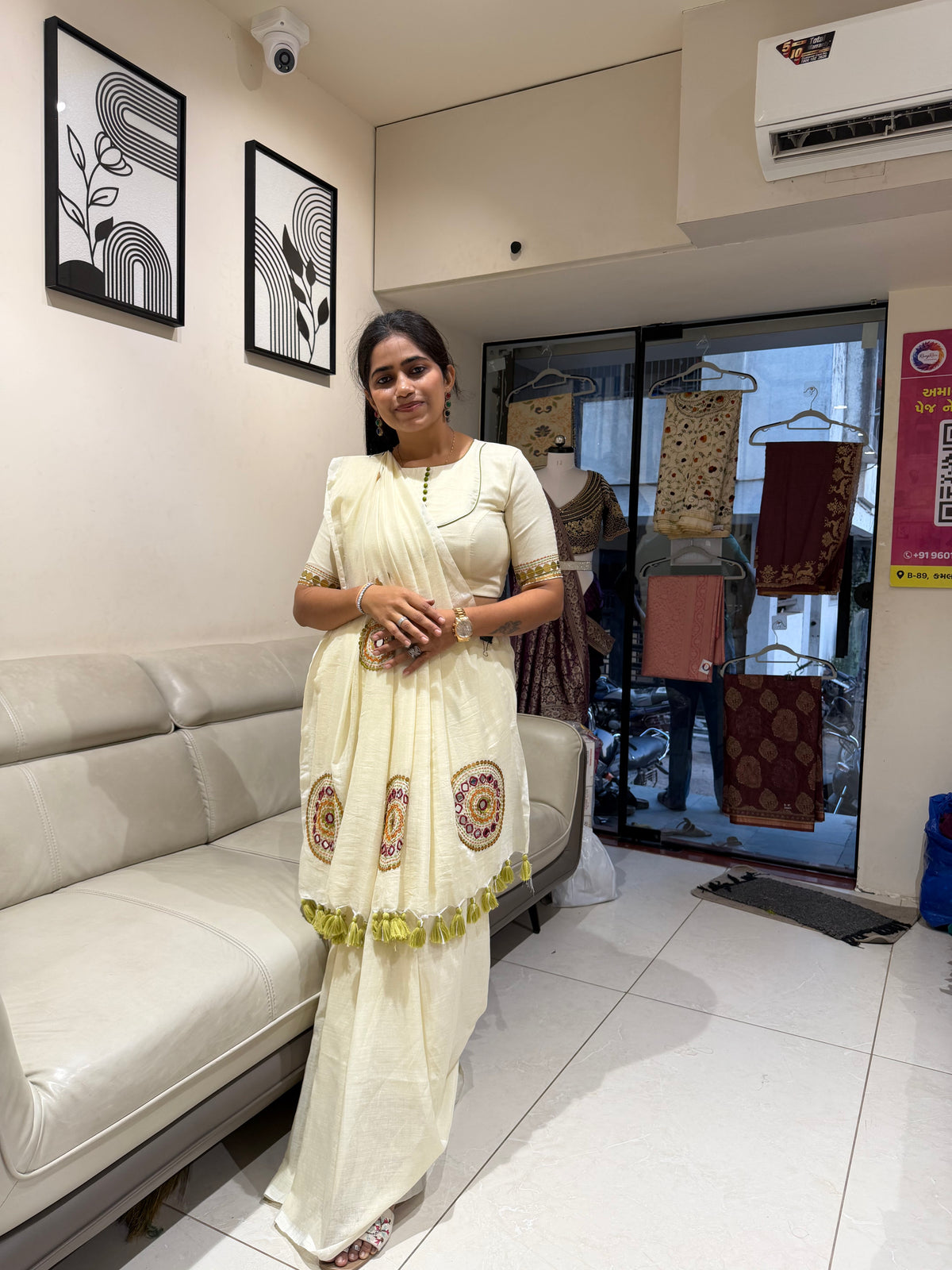 Ivory khadi cotton saree with real mirror handwork - view 3