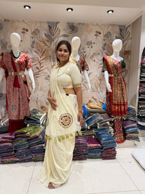 Ivory khadi cotton saree with real mirror handwork - view 5