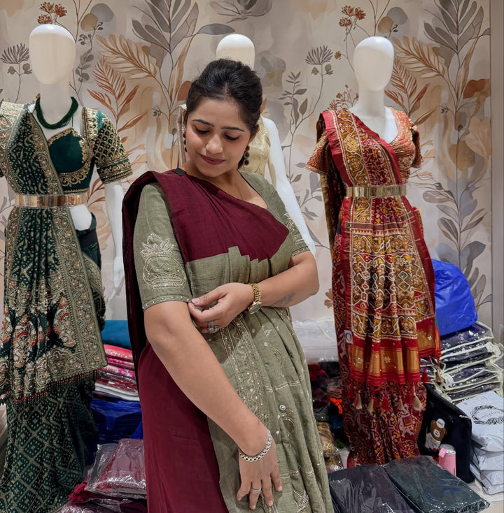 Khadi cotton saree with handwork - view 1