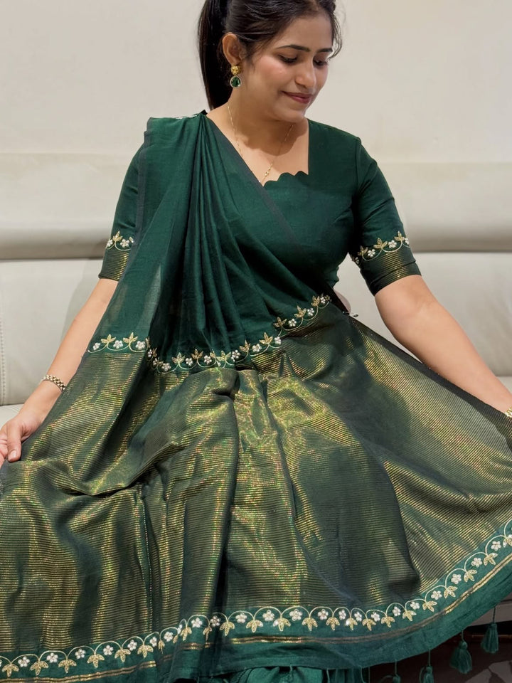 Shining cotton silk saree with handwork - view 1