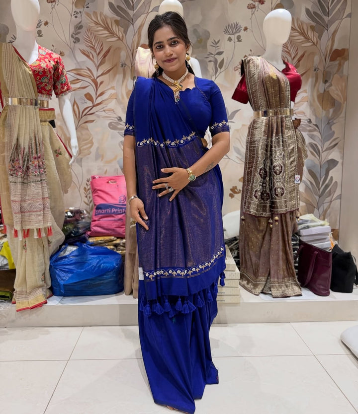 Shining cotton silk saree with handwork - view 1