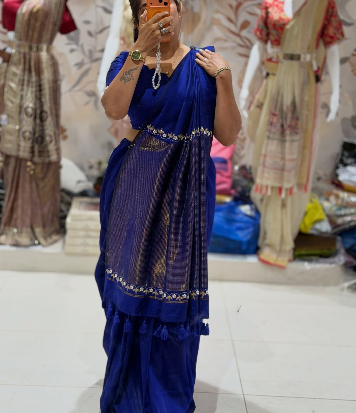 Shining cotton silk saree with handwork - view 7