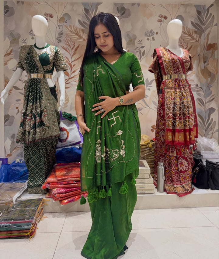 Shining cotton silk saree with handwork - view 1