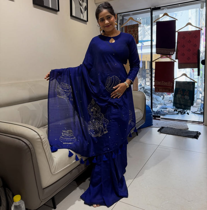 Soft shining cotton silk saree with hand stitched work - view 1