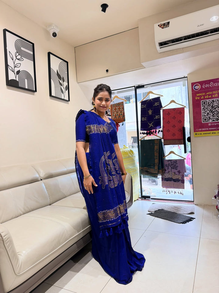 Soft shining cotton silk saree with hand stitched work - view 1